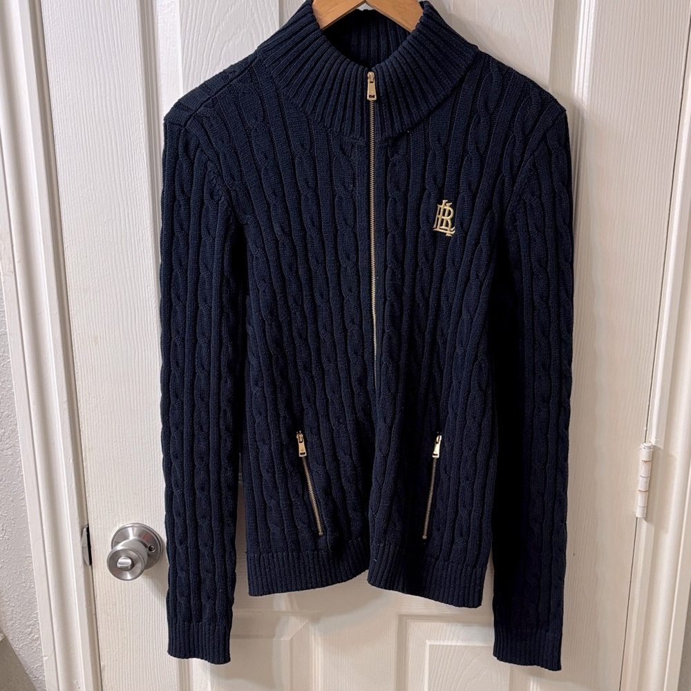 NOT FOR SALE Navy Preppy Ribbed Mockneck Cable Knit Zip-Up Sweater